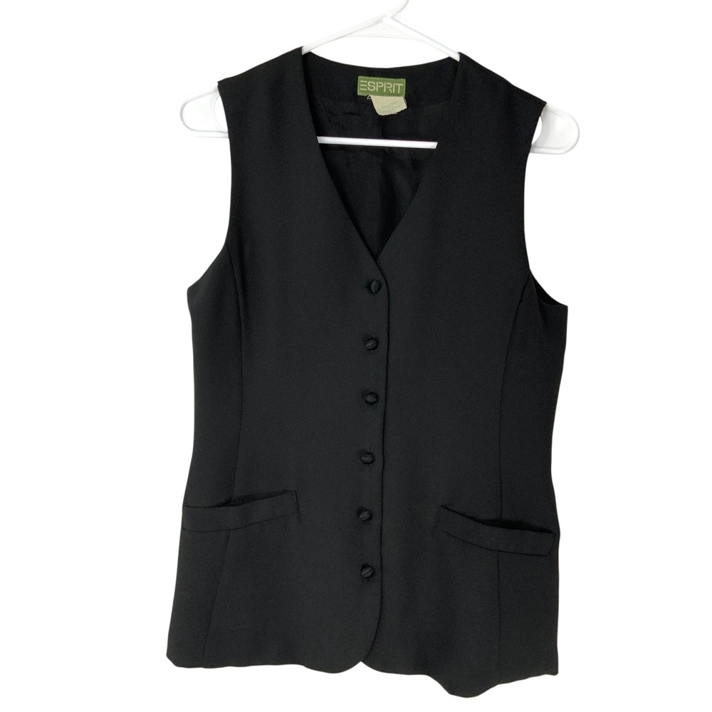 Esprit Black Solid Vest Small Button V-Neck Sleeveless Adjustable Back Tie